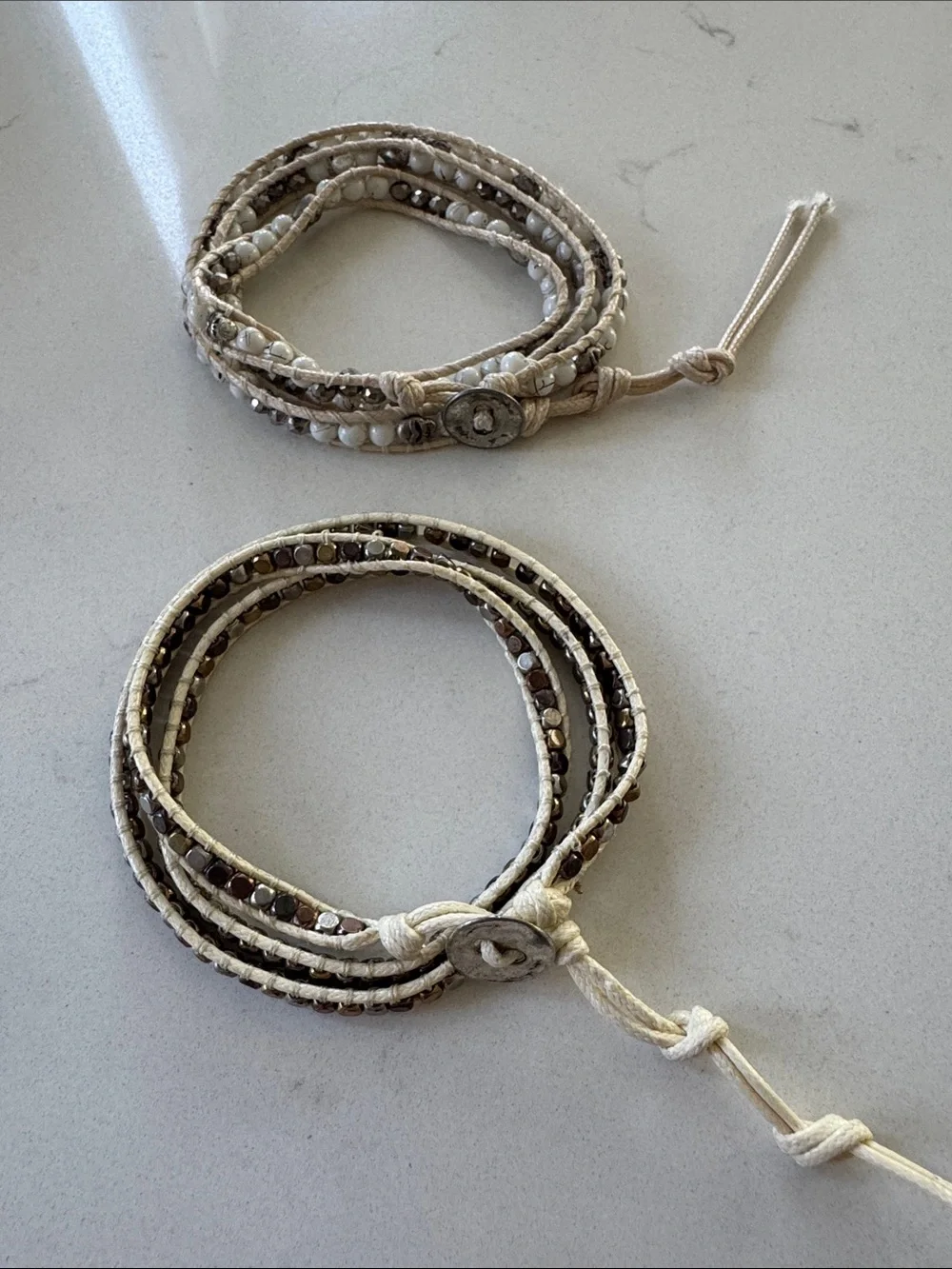 Handmade Beaded Wrap Bracelet in Cream and Brown Set of 2.  New